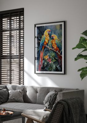 Pair of colourful macaw parrots in tropical rainforest art