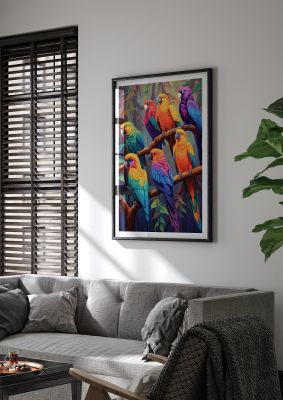 Colourful parrots sitting on branches in a vibrant jungle environment