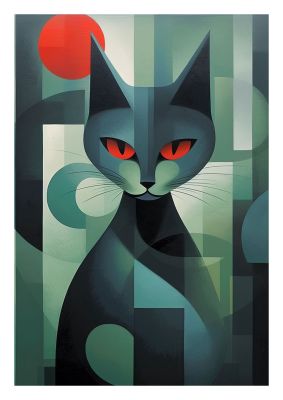 Geometric cat with dark tones and red accents