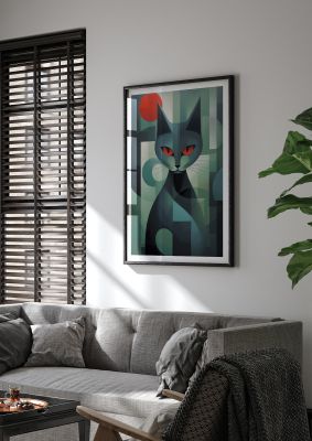 Geometric cat with dark tones and red accents