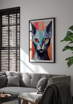 Colourful geometric cat with striking eyes