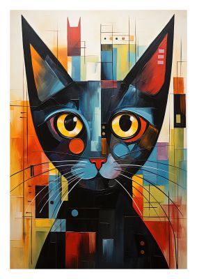 Geometric cat art with vibrant colours and striking yellow eyes