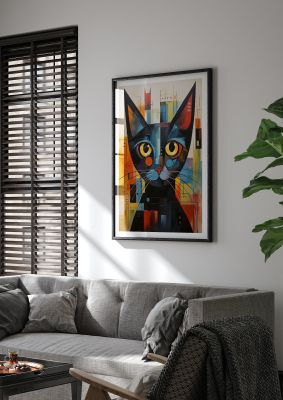 Geometric cat art with vibrant colours and striking yellow eyes