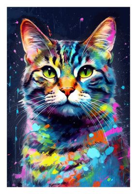 Multicoloured cat in abstract paint splatter style