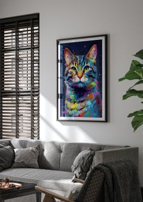 Multicoloured cat in abstract paint splatter style