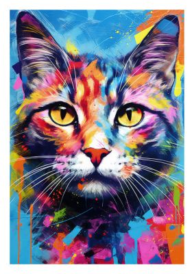 Colourful cat portrait with abstract paint splashes on blue