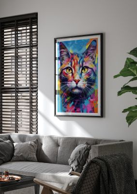Colourful cat portrait with abstract paint splashes on blue