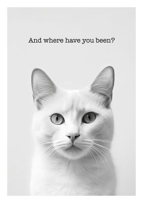 Monochrome cat portrait with minimalist design and text