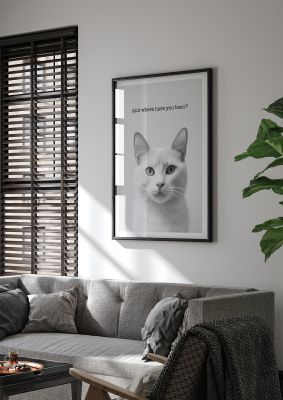 Monochrome cat portrait with minimalist design and text