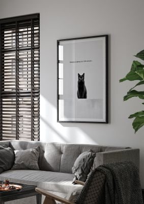 Black and white cat portrait with witty text