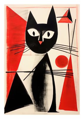 Geometric black cat with bold red and black accents