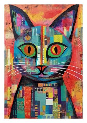 Vibrant cat portrait with patchwork quilt style