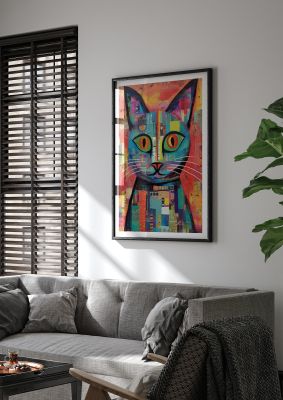 Vibrant cat portrait with patchwork quilt style