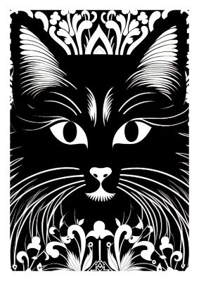 Monochrome cat face with floral designs in a bold contrast style