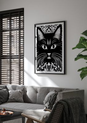 Monochrome cat face with floral designs in a bold contrast style