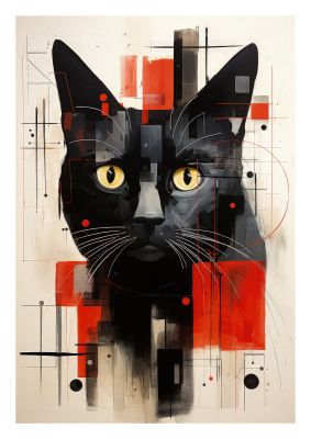 Geometric black cat with vibrant red and black accents