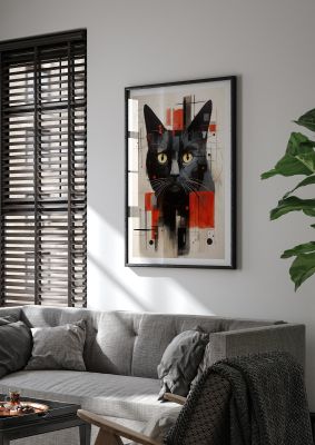 Geometric black cat with vibrant red and black accents