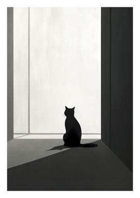 Minimalist black cat silhouette in a bright, empty room
