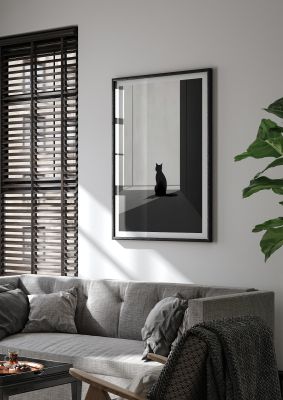 Minimalist black cat silhouette in a bright, empty room