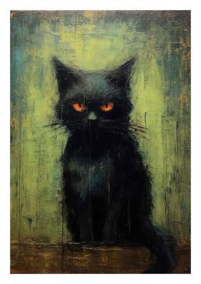 Black cat with orange eyes and textured background in dark tones