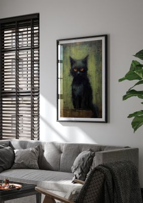 Black cat with orange eyes and textured background in dark tones
