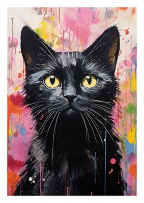 Black cat portrait with vibrant paint splashes and colourful background