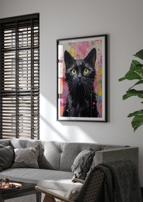 Black cat portrait with vibrant paint splashes and colourful background