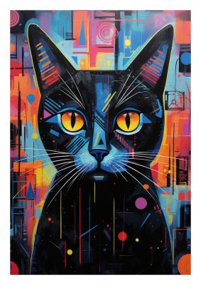 Geometric cat with bright, contrasting colours and yellow eyes