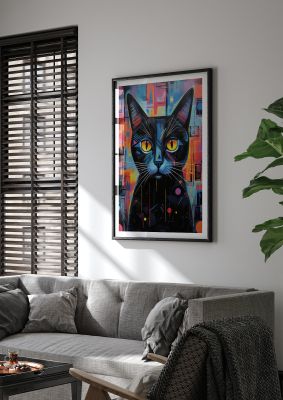 Geometric cat with bright, contrasting colours and yellow eyes