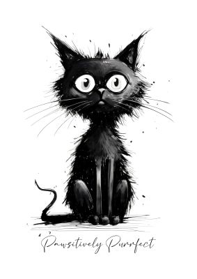 Humorous black cat illustration with text "Pawsitively Purrfect"