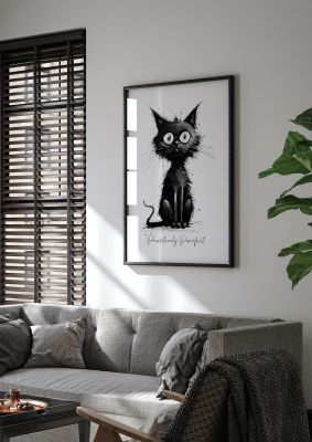 Humorous black cat illustration with text "Pawsitively Purrfect"