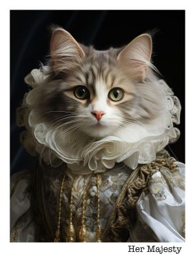 Regal cat portrait in royal attire with text "Her Majesty"