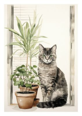 Watercolour cat with green eyes and house plants