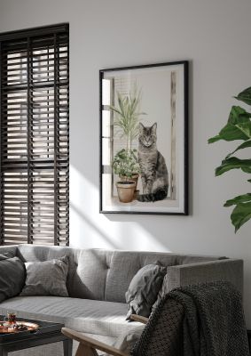 Watercolour cat with green eyes and house plants
