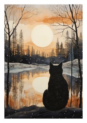 Black cat silhouette watching a sunset by a lake