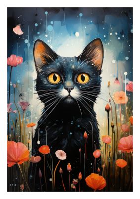 Black cat with yellow eyes in a field of colourful flowers