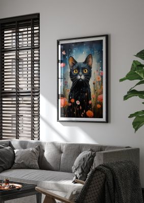 Black cat with yellow eyes in a field of colourful flowers
