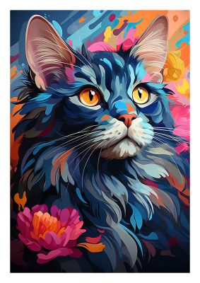 Vibrant cat portrait with multicoloured paint splashes