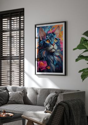 Vibrant cat portrait with multicoloured paint splashes