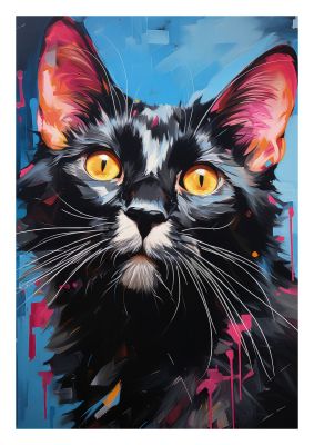 Detailed cat portrait with bright colours and abstract patterns