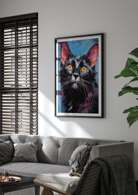 Detailed cat portrait with bright colours and abstract patterns