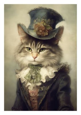 Humorous cat portrait in historical attire with top hat