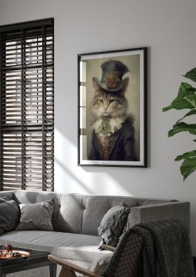 Humorous cat portrait in historical attire with top hat