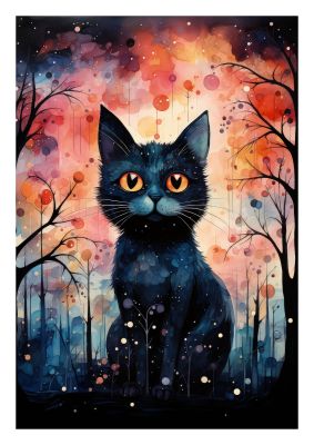 Cat in a vibrant abstract forest at dusk