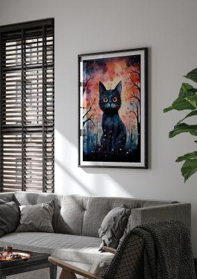 Cat in a vibrant abstract forest at dusk