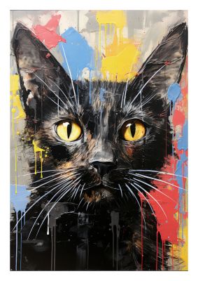 Black cat portrait with bold yellow eyes and paint splashes