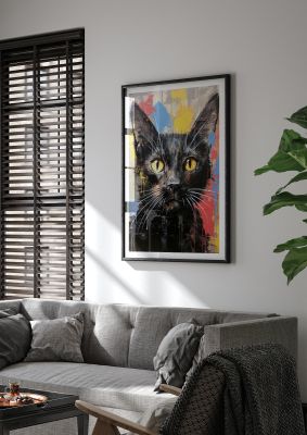 Black cat portrait with bold yellow eyes and paint splashes