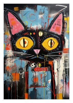 Abstract cat with large yellow eyes and colourful patterns