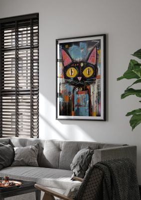 Abstract cat with large yellow eyes and colourful patterns
