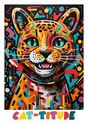 Playful cat illustration with text "Cat-titude"